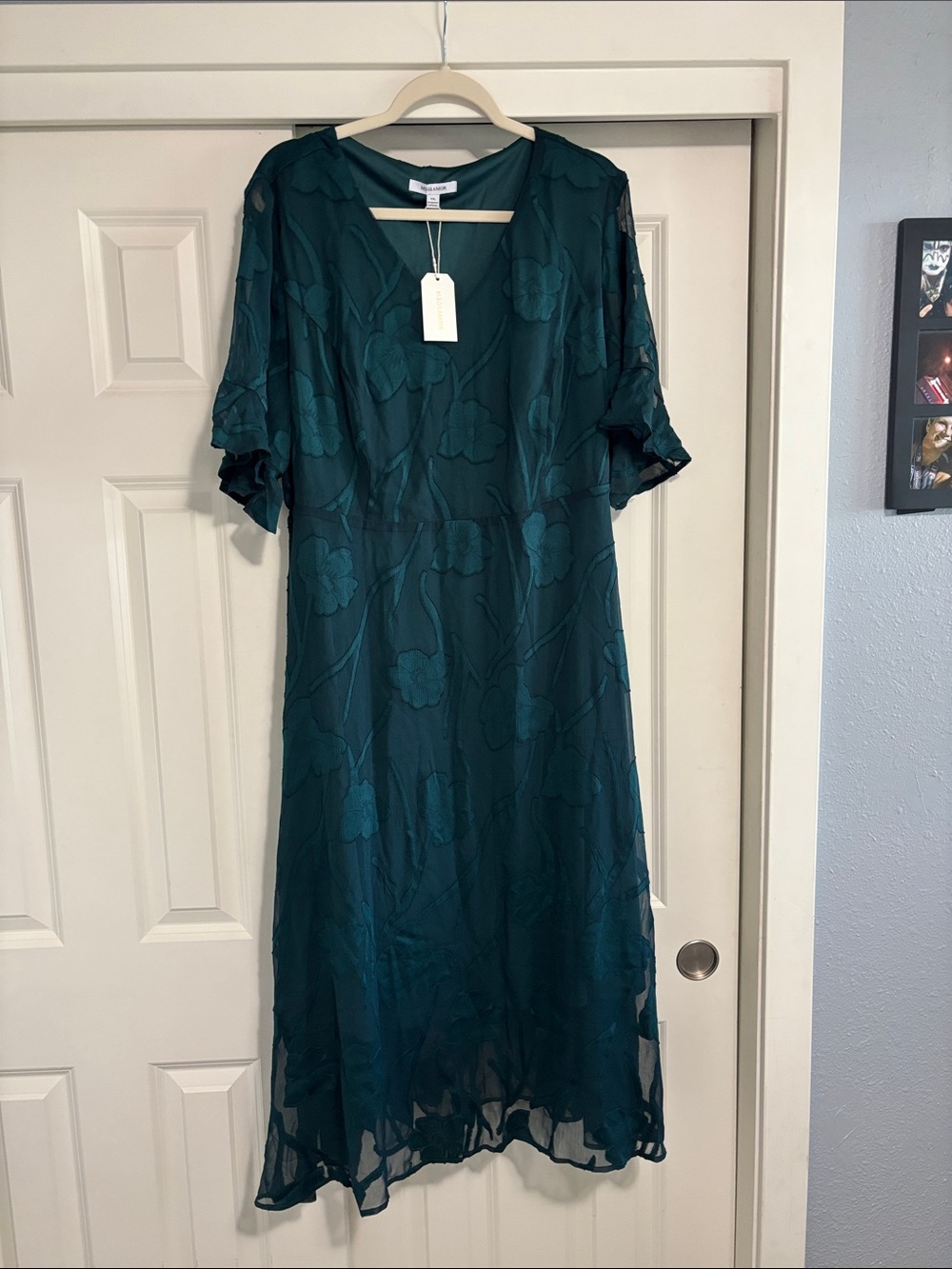 Teal Floral Midi Dress with V-Neck